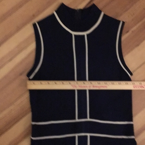 VINTAGE navy sleeveless knee length dress with cream piping - Picture 8 of 9